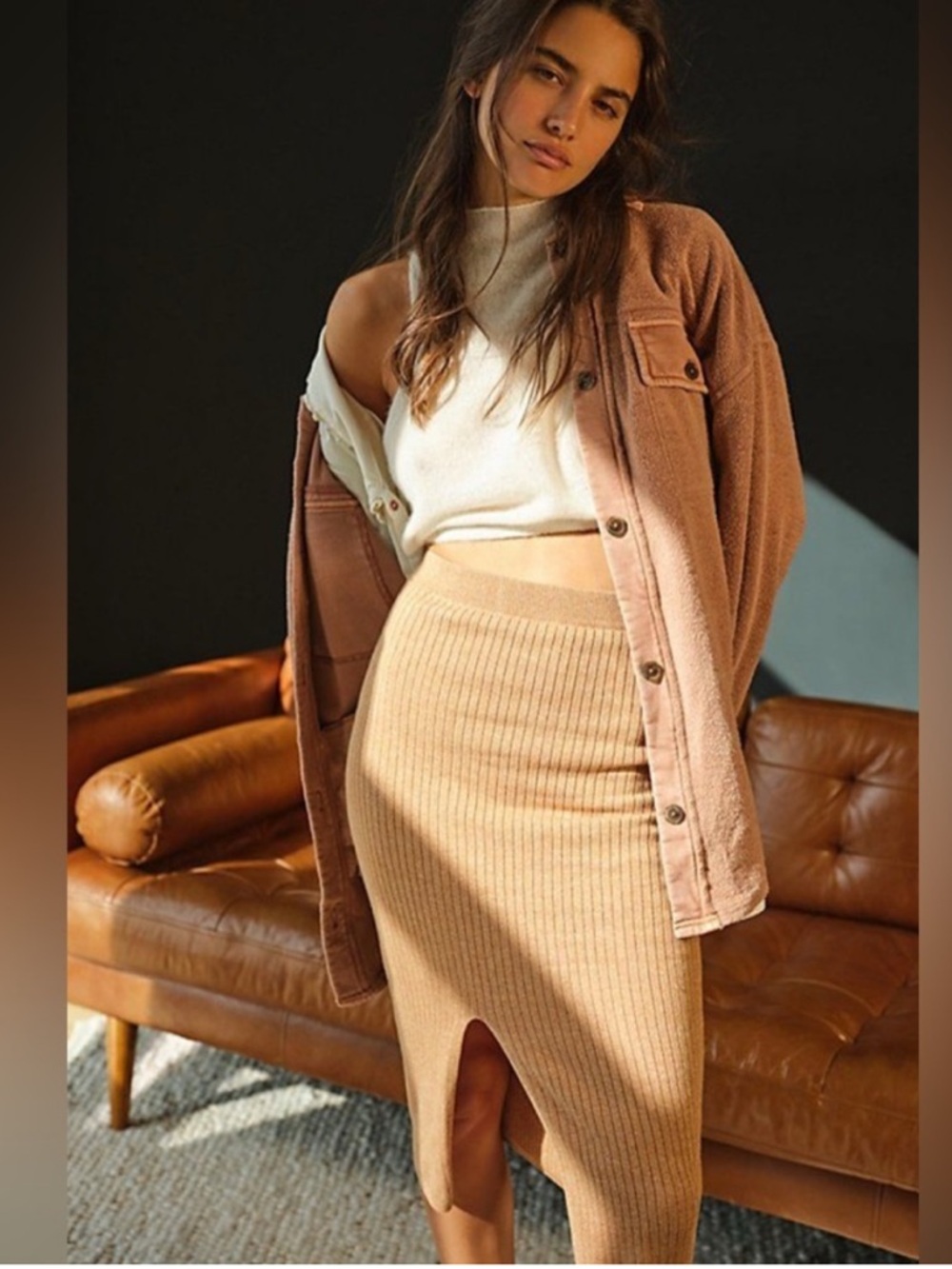 Free People | Women’s  Skyline Ribbed Midi Skirt in Camel Tan with Front Slit L